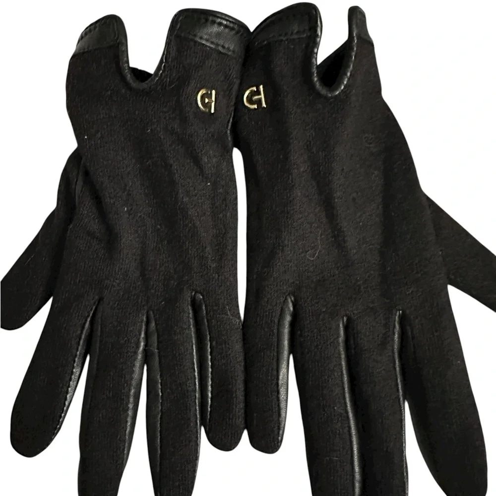 Cole Haan Woven Backed Gloves TOUCHSCREEN Leather Glove in Black MEDIUM NWT